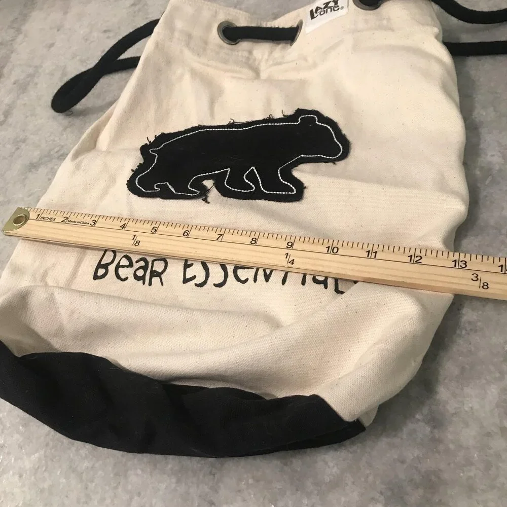 Lazy One Bear Essentials Canvas Drawstring‎ Backpack Bag Natural Black Tote